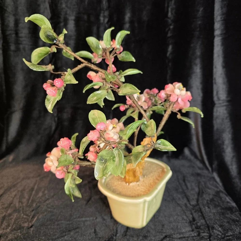 VTG Chinese Peking Glass Bonsai Tree Pink Cherry Blossom Celadon Crane 13